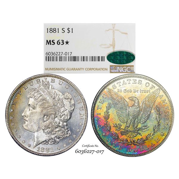 1881-S $1 Morgan Silver Dollar Coin NGC MS63* Star CAC Amazing Toning