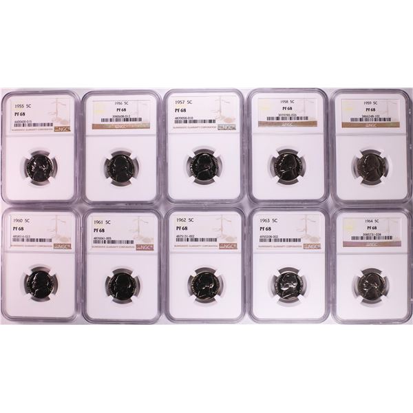 Set of 1955-1964 Proof Jefferson Nickel Coins NGC PF68