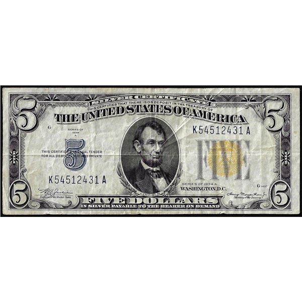 1934A $5 North Africa WWII Emergency Issue Silver Certificate Note