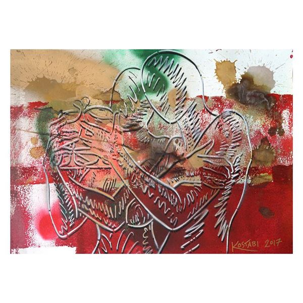 Mark Kostabi "Deep Crimson Passion" Original Mixed Media on Paper