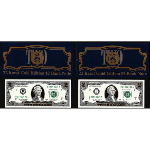 Lot of (2) 2003A 22KT Gold Leaf $2 Federal Reserve Notes Uncirculated in Envelope