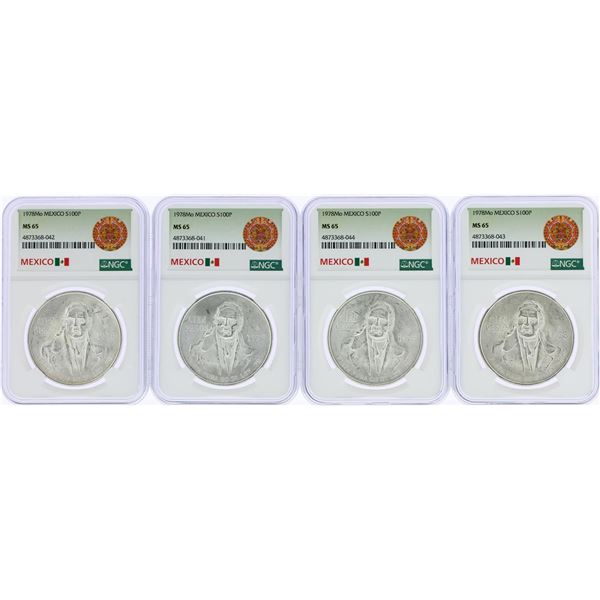 Lot of (4) 1978Mo Mexico 100 Pesos Silver Coins NGC MS65
