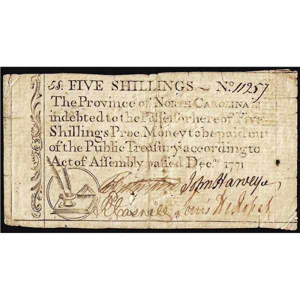 December 1771 North Carolina 5 Schillings Quill Pens Colonial Currency Note