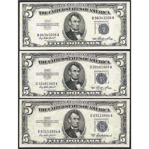 Lot of (3) 1953/1953A $5 Silver Certificate Notes