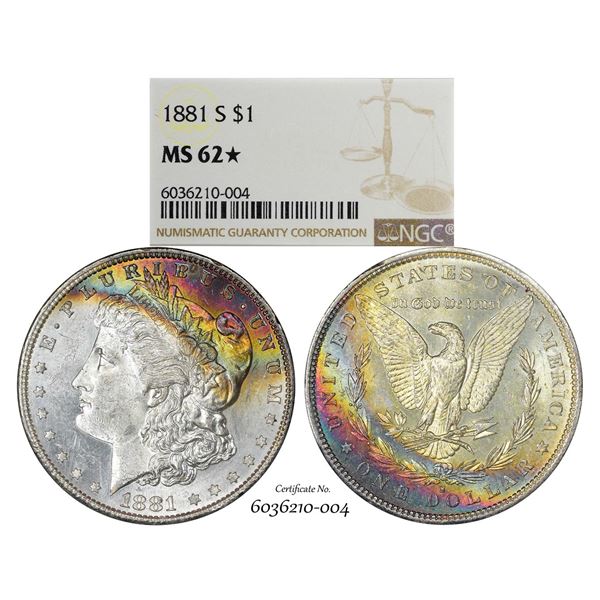 1881-S $1 Morgan Silver Dollar Coin NGC MS62* Star Amazing Toning