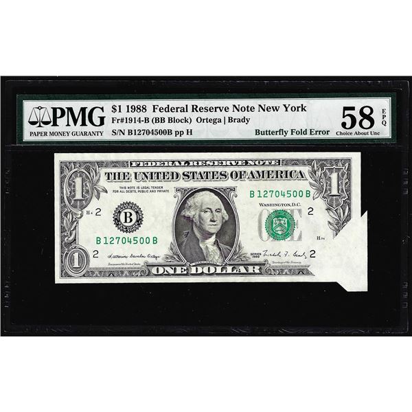 1988 $1 Federal Reserve Note New York Butterfly Fold ERROR PMG CH. About Unc 58EPQ