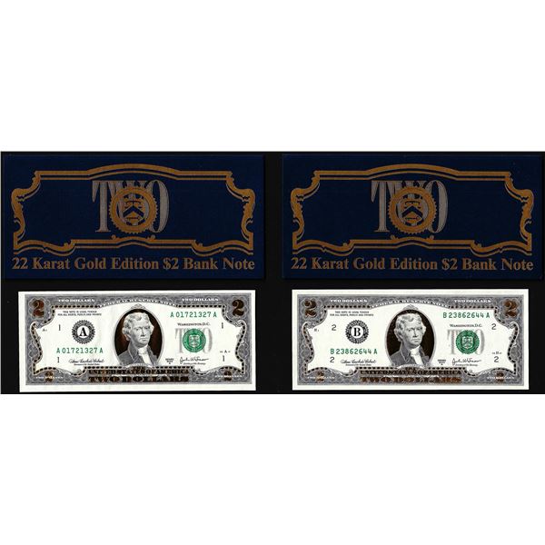 Lot of (2) 2003A 22KT Gold Leaf $2 Federal Reserve Notes Uncirculated in Envelope