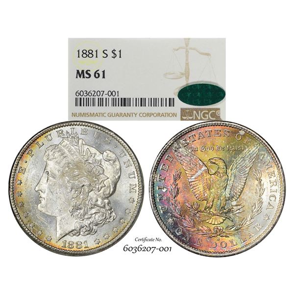 1881-S $1 Morgan Silver Dollar Coin NGC MS61 CAC Amazing Toning
