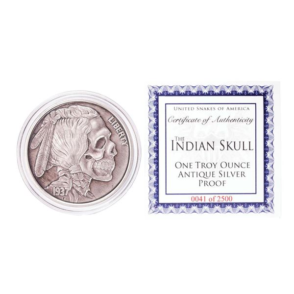 United Snakes of America Indian Skull 1 oz Antique Silver Proof Round w/COA