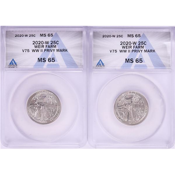 Lot of (2) 2020-W Weir Farm V75 WWII Privy Mark Quarter Coins ANACS MS65