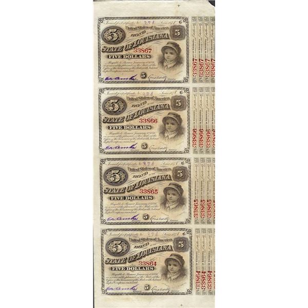Uncut Sheet of (4) State of Louisiana Baby Bond Obsolete Notes