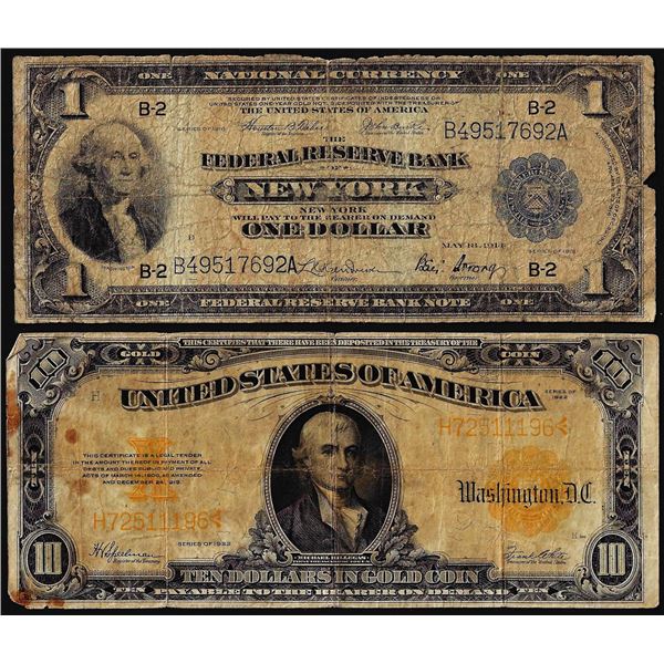Lot of 1922 $10 Gold Certificate Note & 1918 $1 Federal Reserve Bank Note New York