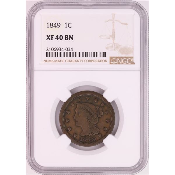 1849 Braided Hair Large Cent Coin NGC XF40BN