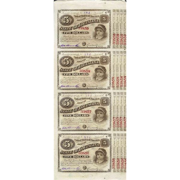 Uncut Sheet of (4) State of Louisiana Baby Bond Obsolete Notes