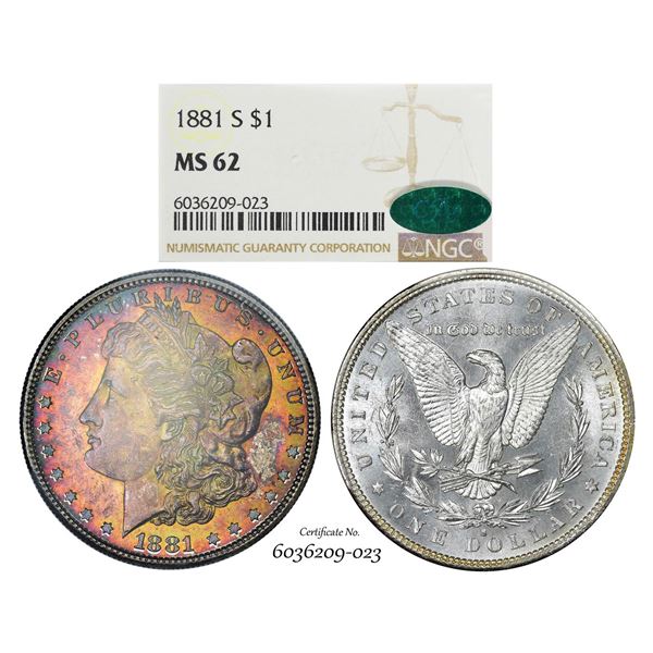 1881-S $1 Morgan Silver Dollar Coin NGC MS62 CAC Amazing Toning
