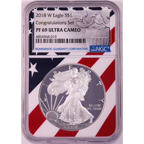 2018-W $1 Proof American Silver Eagle Coin NGC PF69 Ultra Cameo Congratulations Flag