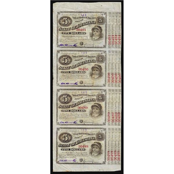 Uncut Sheet of (4) State of Louisiana Baby Bond Obsolete Notes