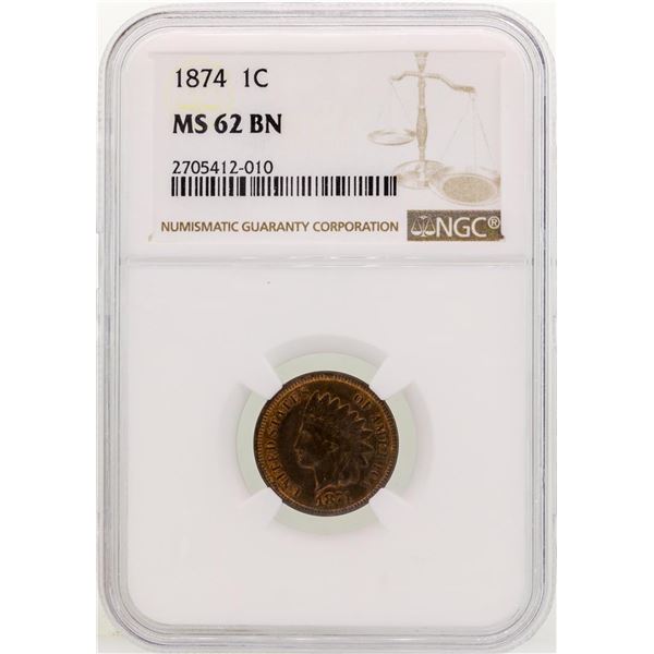 1874 Indian Head Cent Coin NGC MS62 BN