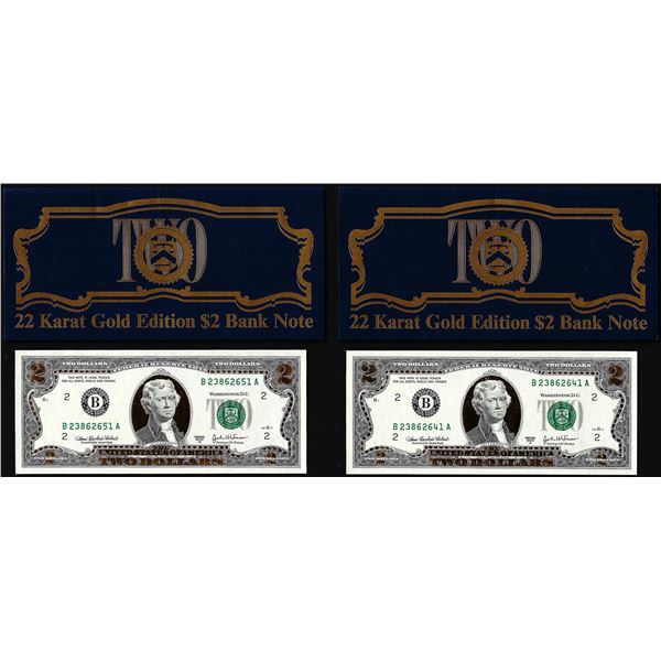 Lot of (2) 2003A 22KT Gold Leaf $2 Federal Reserve Notes Uncirculated in Envelope