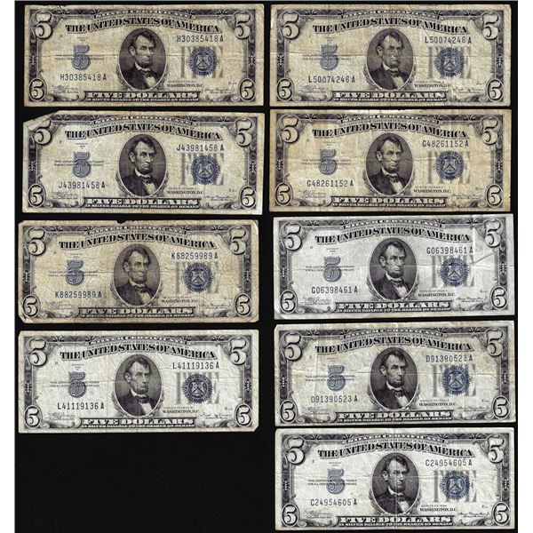 Lot of (9) 1934/A/B/C $5 Silver Certificate Notes