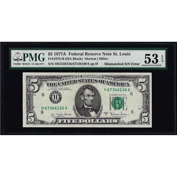 1977A $5 Federal Reserve Note Mismatched Serial Number ERROR PMG About Unc. 53EPQ
