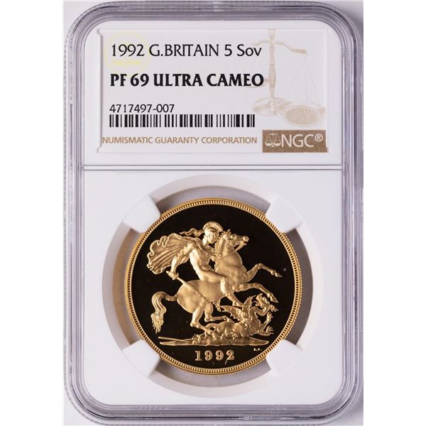 1992 Great Britain 5 Sovereigns Proof Gold Coin NGC PF69 Ultra Cameo