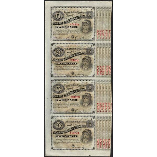 Uncut Sheet of (4) State of Louisiana Baby Bond Obsolete Notes