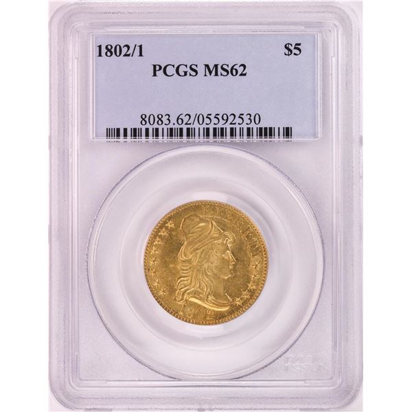 1802/1 $5 Draped Bust Half Eagle Gold Coin PCGS MS62