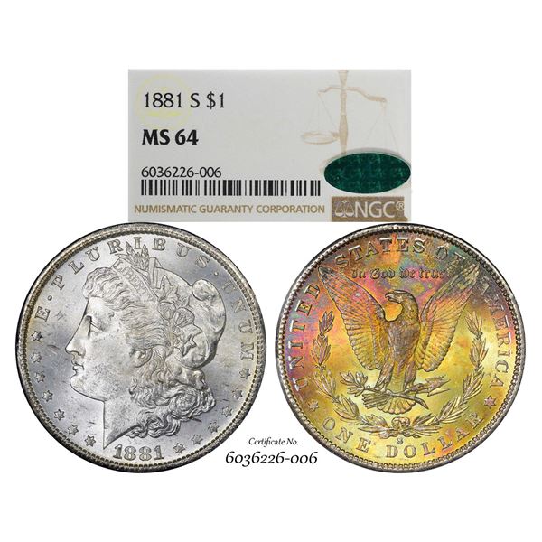 1881-S $1 Morgan Silver Dollar Coin NGC MS64 CAC Amazing Toning