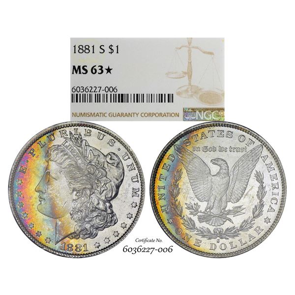 1881-S $1 Morgan Silver Dollar Coin NGC MS63* Star Amazing Toning