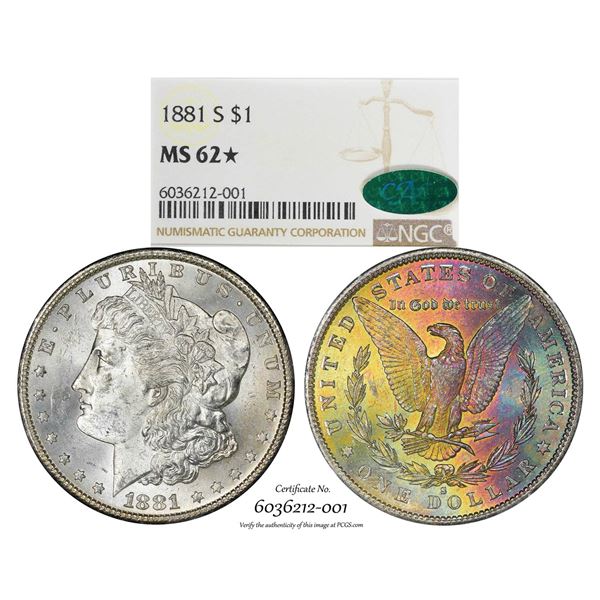 1881-S $1 Morgan Silver Dollar Coin NGC MS62* Star CAC Amazing Toning