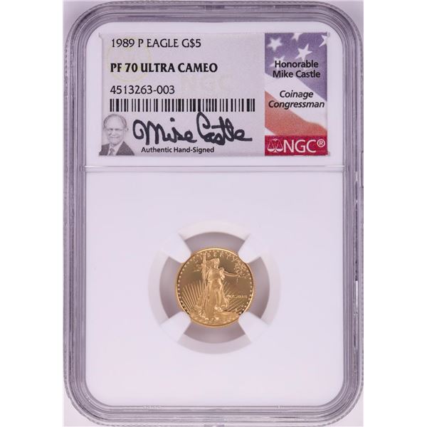 1989-P $5 Proof American Gold Eagle Coin NGC PF70 Ultra Cameo Mike Castle Signature