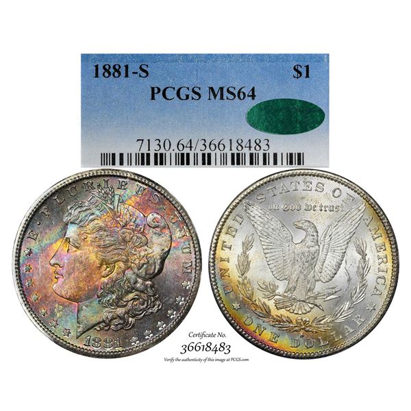 1881-S $1 Morgan Silver Dollar Coin PCGS MS64 CAC Amazing Toning