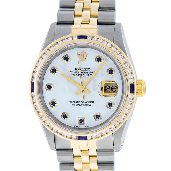 Rolex Men's Two Tone MOP Diamond & Sapphire Datejust Oyster Perpetual Wristwatch