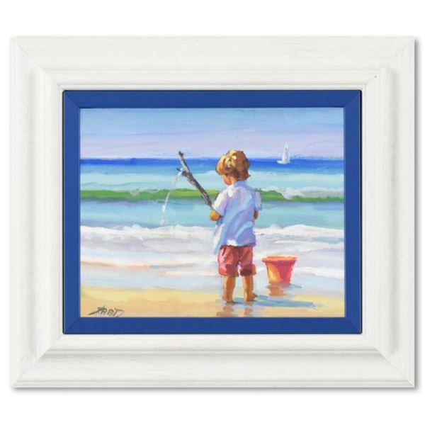 Lucelle Raad, "Little Fisherman" Framed Original Acrylic Painting on Canvas, Hand Signed with Letter