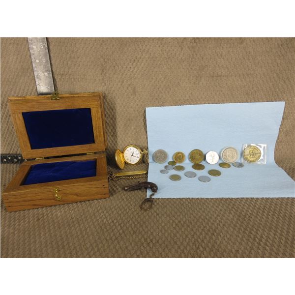 Wood Box with Coins, Watch & Gun Key Ring