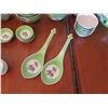 Image 2 : Asian China Set w/ Floral Design & Maker's Mark: Plates, Rice Bowls, Spoons, etc