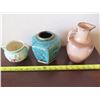 Image 8 : Qty 3 Ceramic Vases: Brown Water Pitcher, Aqua Floral Urn & Green Bowl