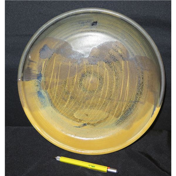 Ceramic Yellow Gray Pottery w/ Raised Edge, Signed II, 13"D