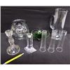 Image 1 : Qty 8 Glass Items: Bud Vases, Candleholder, Tall Pitcher, Heart Dish & Round Vase
