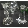 Image 8 : Qty 8 Glass Items: Bud Vases, Candleholder, Tall Pitcher, Heart Dish & Round Vase