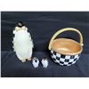 Image 2 : Qty 3 Penguins 3" & 11"H & Country Checked Basket, Mackenzie Childs (Retail $98) 9"D
