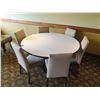 Image 2 : Round White Table w/ Pedestal Base 48"x30" w/ 6 Upholstered Wooden Chairs