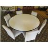 Image 2 : Round White Table w/ Pedestal Base 60"x30" w/ 6 Upholstered Wooden Chairs
