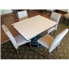 Image 1 : White Table w/ Pedestal Base 48"x36"x30" w/ 4 Upholstered Wooden Chairs
