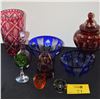 Image 1 : COLLECTION OF COLORED CRYSTAL & GLASS, CUT TO CLEAR BOWLS, VASE, CRUET, VOTIVE & GLASSES (10 PCS)
