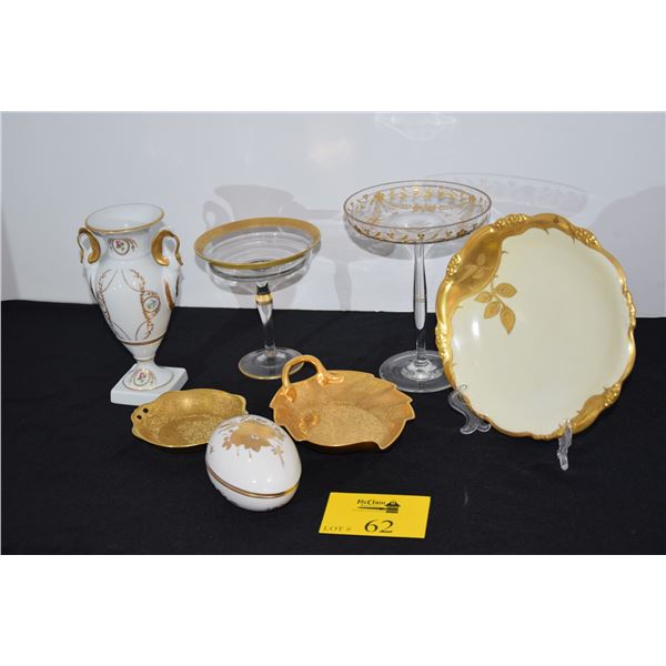 COLLECTION OF PORCELAIN PLATES, DISHES, COVERED EGG, LIMOGES VASE & CRYSTAL COMPOTES (7 PCS)