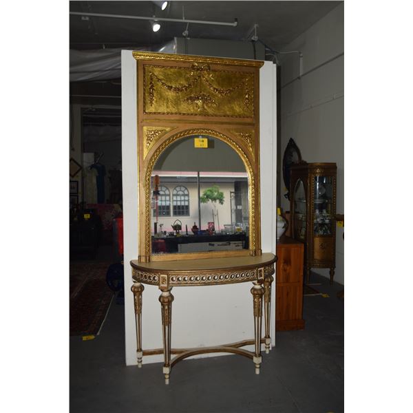 FRENCH STYLE GILDED DEMI LUNE TABLE & FRENCH STYLE GILDED MIRROR (2 PCS)