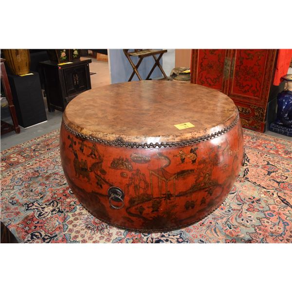 CHINESE CEREMONIAL DRUM W/LANDSCAPE & FIGURAL PAINTINGS (48"  D X 27 1/2" H)