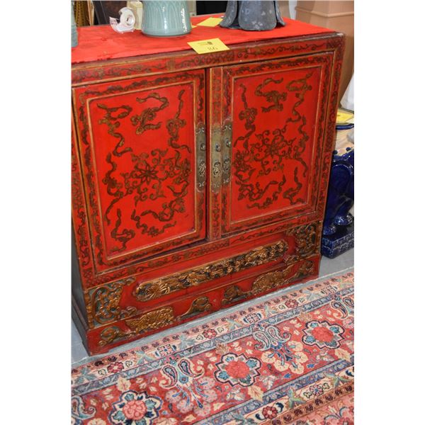 CHINESE ELABORATELY DECORATED RED & GOLD CABINET (37.5" W X 22 1/4" D X 38 1/2" H)